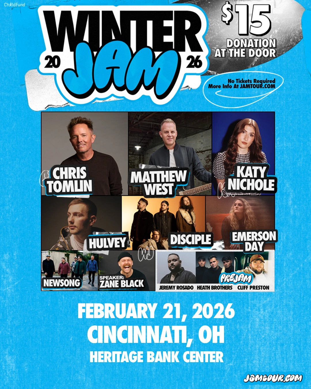 Shows images of artists present at the concert along with the date and location